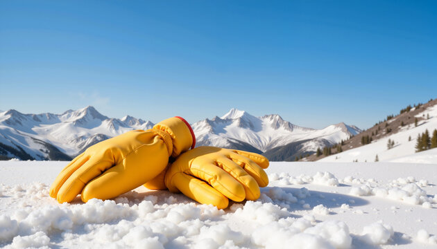 Artistic interpretation of a ski resort &ndash; Conceptual yellow ski gloves on snow in a dreamlike mountain setting