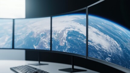 Fototapeta premium Climate Change Study Concept, Advanced Computer Generated Projection of Earth's Climate on Multiple Monitors for Scientific Analysis
