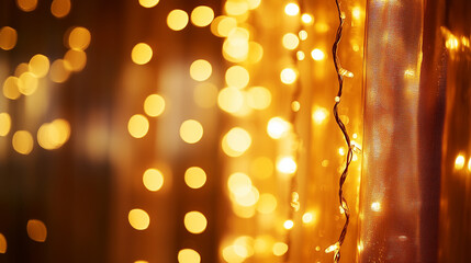 Warm golden bokeh lights decorating a festive setting with a soft, blurred effect. Perfect for holiday, celebration, and romantic atmosphere themes.
