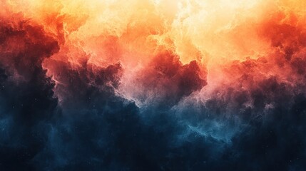 Fiery nebula, cosmic clouds, orange, blue, red, dark space.