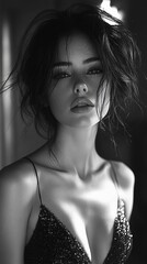 Striking black and white portrait of a woman. Her gaze is direct, and she is wearing a shimmery black top.
