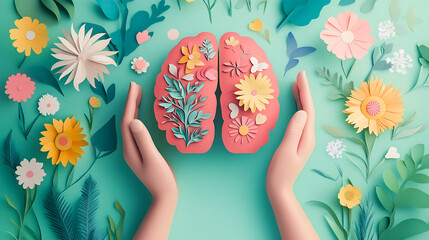 Hands holding paper head human brain with flowers self care and mental health concept positive thinking