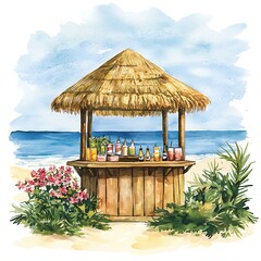 Fototapeta premium Idyllic Beach Bar Illustration Watercolor Painting of a Tropical Drink Stand.
