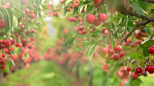 Lush cherry trees laden with ripe red cherries create a picturesque scene in a sunlit orchard
