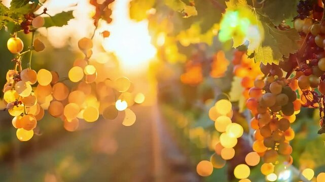 Bunches of grapes ripen on vines in a sun-drenched vineyard, ready for harvest