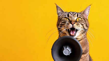 Cute cat holding loudspeaker in paws for announcement on yellow background with empty space for your text