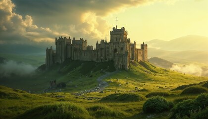 Obraz premium Majestic medieval castle on a hilltop with dramatic clouds at sunset