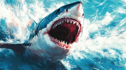Fototapeta premium Majestic great white shark bursts from deep blue ocean in a vibrant, realistic oil painting. A powerful and captivating underwater scene