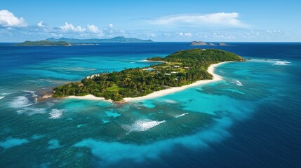 Aerial View of a Tropical Island Surrounded by Turquoise Waters and White Sand Beaches - Exotic Paradise and Travel Destination