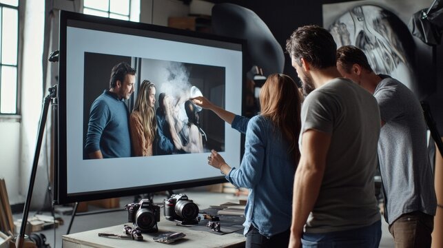 A photography team reviews a shot on a studio monitor screen