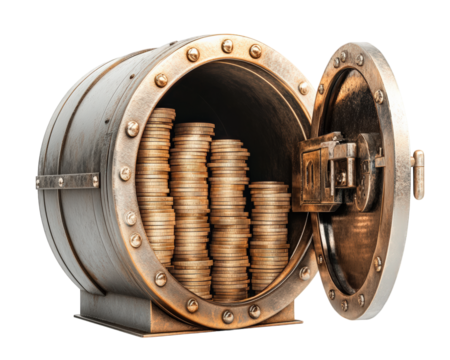 vault door slightly open reveals stacks of coins inside, symbolizing wealth and security. metallic texture and intricate design highlight importance of safeguarding valuables