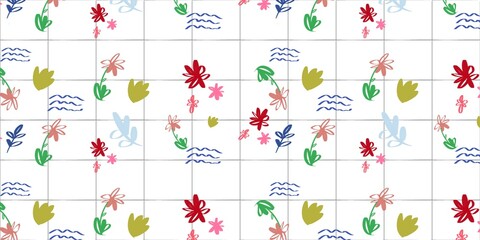 Fototapeta premium Hand drawn Abstract Floral Seamless Pattern with Grid and Waves