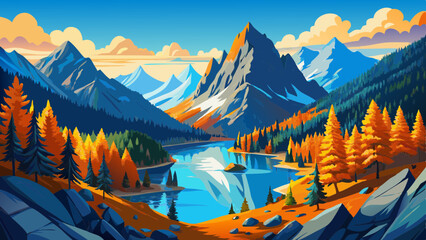 Picturesque view on Blue Lake. Autumn mountains landscape with Blue Lake and bright orange larches in the North Cascades National Park in Washington © ehsanollah