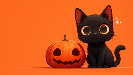 Halloween anime poster. Orange pumpkins and a black cat on a bright background.