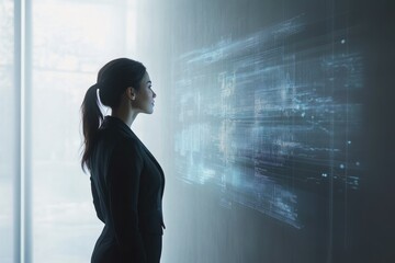 Fototapeta premium A businesswoman observes a futuristic digital interface, showcasing data streams and technological innovation.