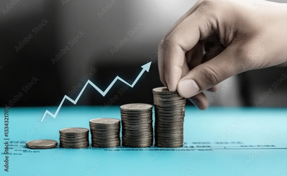 Poster businessman stacking coins with upward-pointing graph arrow symbolizing investment growth