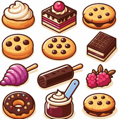 dessert, cookie, food, biscuit, sweet, bakery, background, chocolate, delicious, snack, homemade, brown, isolated, candy, pastry, cake, bake, chip, tasty, breakfast, fresh, treat, closeup, sugar, vect