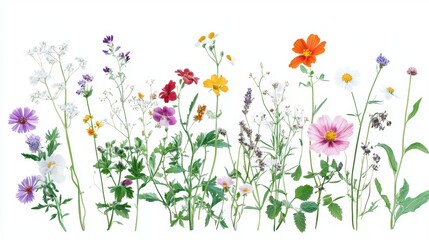 A beautiful display of various wildflowers with different colors and shapes isolated against a clean white background perfect for botanical and nature themed designs