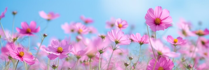 Obraz premium A Beautiful Field of Vibrant Pink Cosmos Flowers in Full Bloom Swaying Gently under a Clear Blue Sky on a Sunny Day