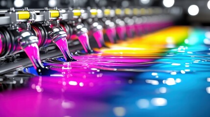 Industrial offset printing machine creating showcasing vibrant and colorful colours cyan magenta yellow and Black floating around spectrum design on a roll of material, a the printing process
