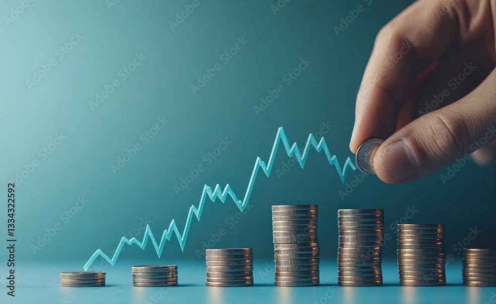 Poster businessman stacking coins with upward-pointing graph arrow symbolizing investment growth