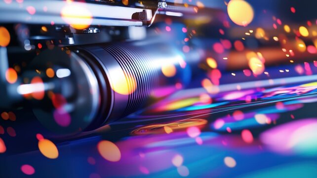 Industrial offset printing cmyk machine process transferring vibrant colors paper, onto creating dynamic motion blur effect