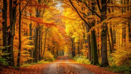 Autumn foliage along forest path amidst tall trees, dense canopy, golden hues