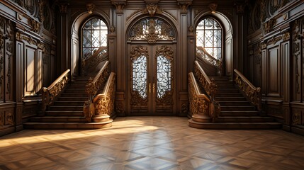 Fototapeta premium Grandiose Interior: Opulent Wooden Staircase and Intricate Carvings in a Luxurious Mansion