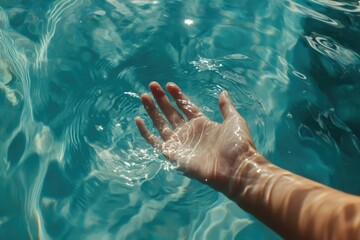 A hand gently touches the surface of a clear, turquoise pool, sunlight illuminating the water's ripples.
