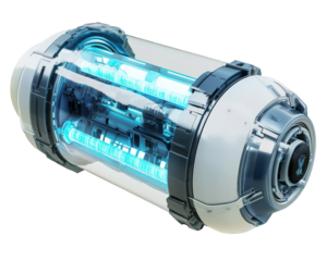 Futuristic hydrogen fuel cell with glowing blue energy, showcasing advanced technology and clean energy solutions. Ideal for science fiction and renewable energy concepts
