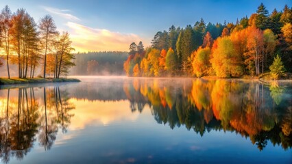 Serene Autumnal Lake Scene at Dawn, forest trees, tranquility,  forest trees, tranquility, natural beauty