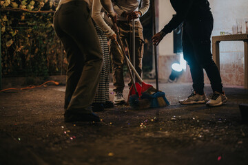 A collaborative effort to clean up confetti and debris after a festive occasion, showcasing teamwork and responsibility in maintaining a tidy and organized environment.