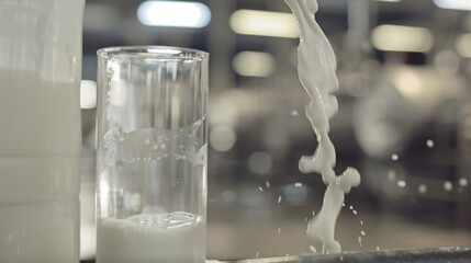 Close-up of fresh milk being poured into a clean glass, with a blurred dairy farm background, symbolizing safety and quality.