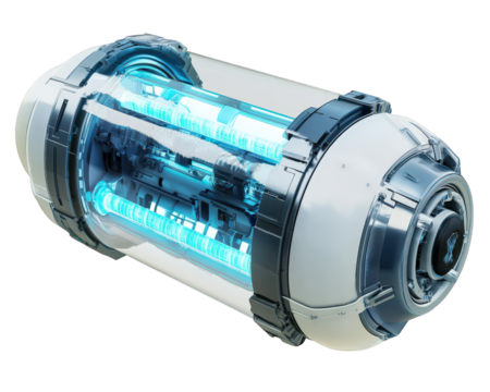 Futuristic hydrogen fuel cell with glowing blue energy, showcasing advanced technology and clean energy solutions. Ideal for science fiction and renewable energy concepts