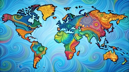 Fototapeta premium Vibrant, swirling continents and oceanic patterns on a stylized world map