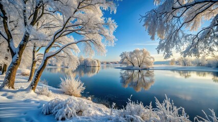 Frosty trees with snow-covered branches and a frozen lake in the background , peaceful, frozen,  peaceful, frozen