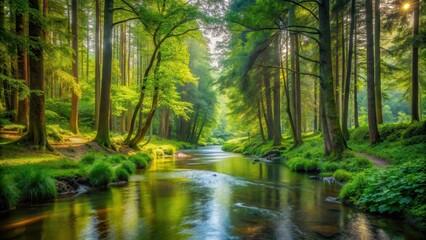 Obraz premium Gentle stream meandering through dense forest foliage, surrounded by tall trees and vibrant greenery, creating a peaceful atmosphere , forest ecosystem, natural beauty