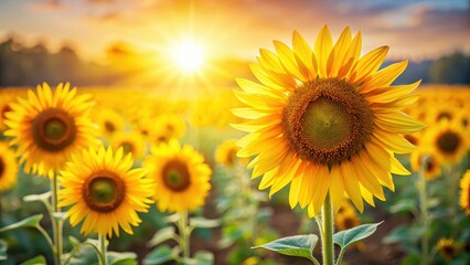 Fototapeta premium Bright yellow sunflowers stand tall in a field with blurred sunny background, field, golden, field, golden