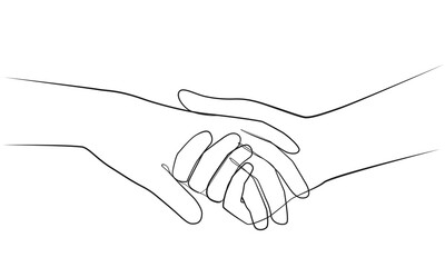 Holding hands one line drawing on white isolated background