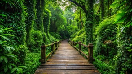 Obraz premium Dense foliage covering a rustic wooden walkway leading into the heart of a dense forest , Buchenwald