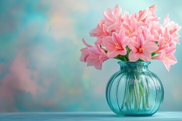 Obraz premium Pink flowers in a teal glass vase on a blue background