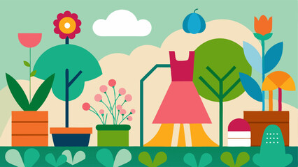 Fashion Garden An illustration of a vibrant garden where various sustainable fashion materials grow such as cotton plants and dyeproducing flowers.