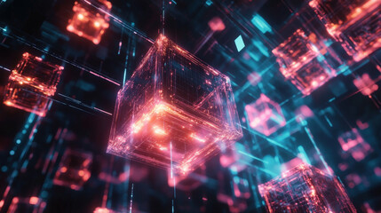 Fototapeta premium Abstract futuristic technology background featuring interconnected glowing cubes and lines depicting advanced digital networks and complex data structures for modern innovation
