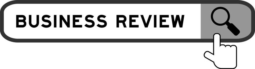 Search banner in word business review with hand over magnifier icon on white background