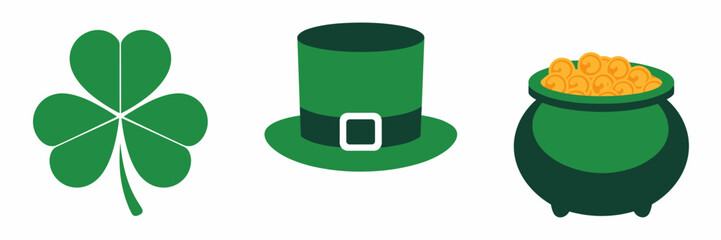 Vector illustration of a four-leaf clover, leprechaun hat, and pot of gold with minimalist design &ndash; Great for Irish holiday content, lucky symbols, or festive illustrations.