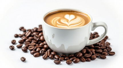 Obraz premium A white coffee cup with a heart design sits on top of a pile of coffee beans. Concept of warmth and comfort, as the coffee cup and beans are both associated with relaxation and enjoyment