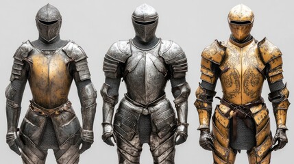 Fototapeta premium Three suits of medieval knight armor, gold, silver, and dark steel, standing in a row.