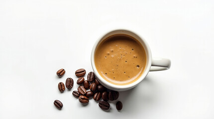 A white coffee cup with a heart design sits on top of a pile of coffee beans. Concept of warmth and comfort, as the coffee cup and beans are both associated with relaxation and enjoyment