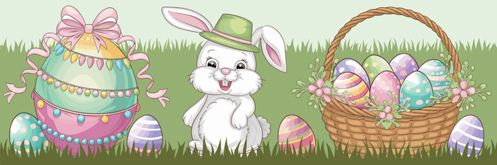 Vector illustration of decorated Easter egg, bunny, and basket in a grassy field – Great for Easter promotions, spring holidays, or festive illustrations.
