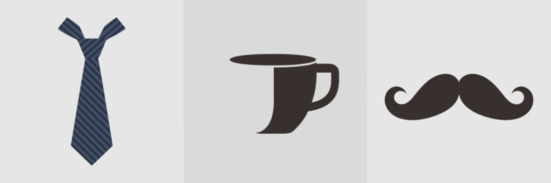 Vector illustration of necktie, coffee mug, and mustache in flat style – Ideal for business attire marketing, coffee products, or stylish gift sets.